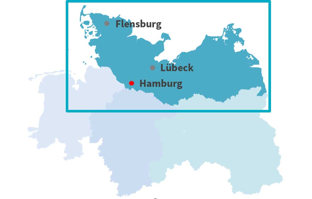 Karte der Axa Gebietsdirektion Hamburg für offene Vertriebsjobs rund um Hamburg und Umgebung