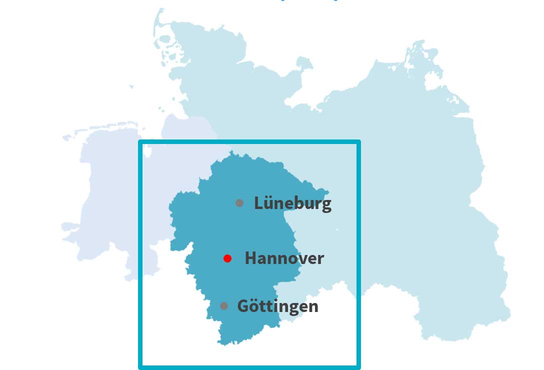 Karte der Axa Gebietsdirektion Hannover für offene Vertriebsjobs rund um Hannover und Umgebung