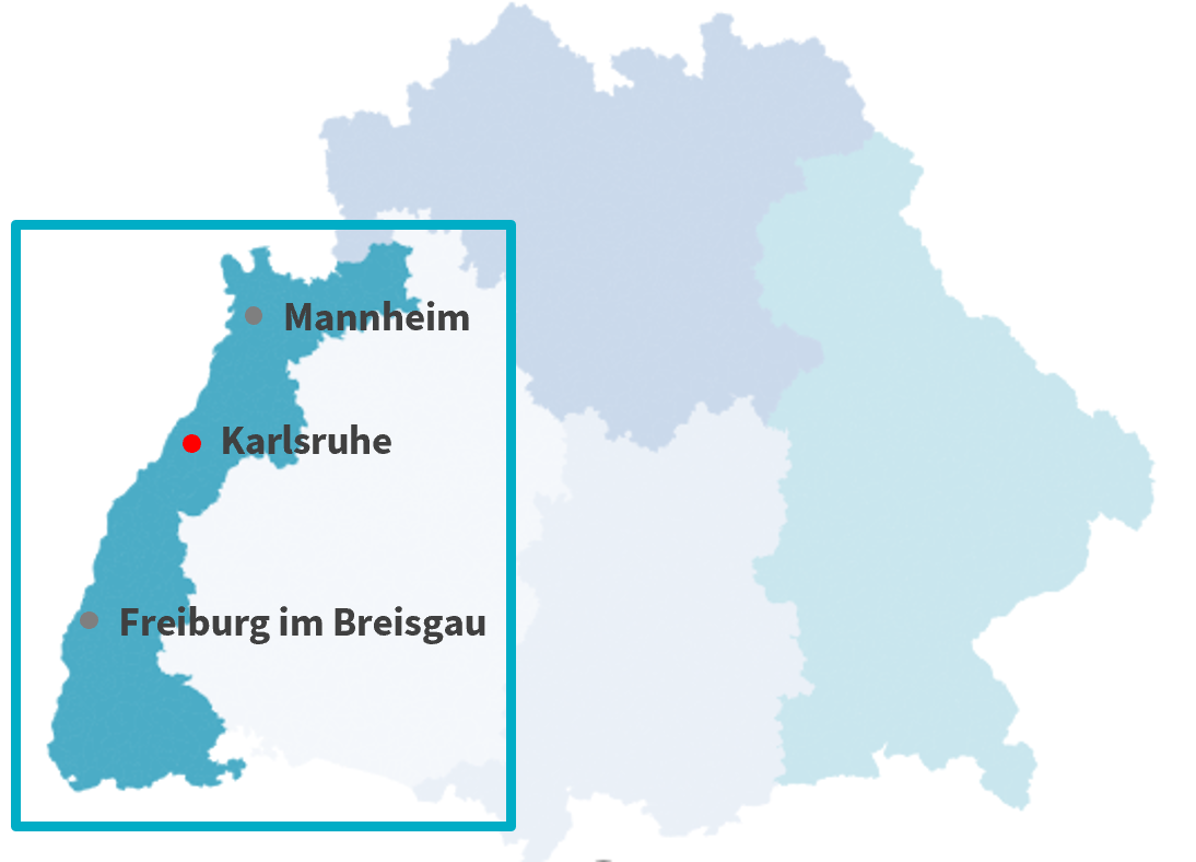 Karte der Axa Gebietsdirektion Karlsruhe für offene Vertriebsjobs rund um Karlsruhe und Umgebung