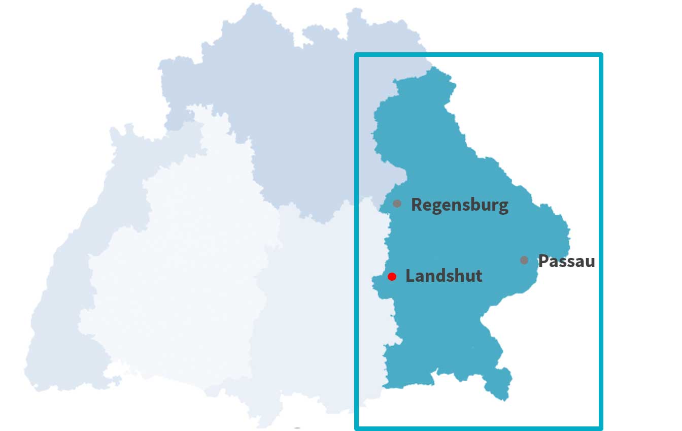 Karte der Axa Gebietsdirektion Landshut für offene Vertriebsjobs rund um Landshut und Umgebung