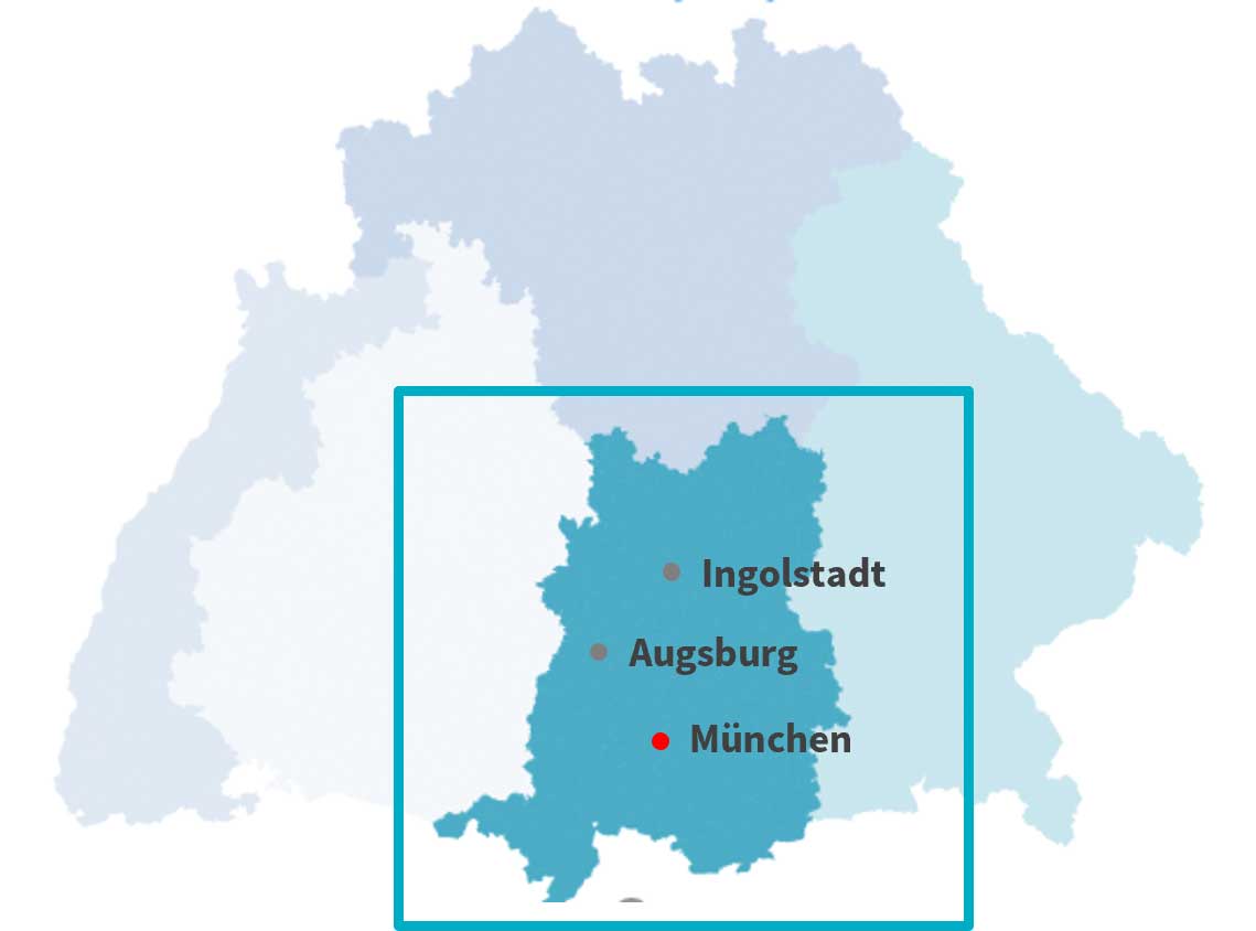 Karte der Axa Gebietsdirektion München für offene Vertriebsjobs rund um München und Umgebung