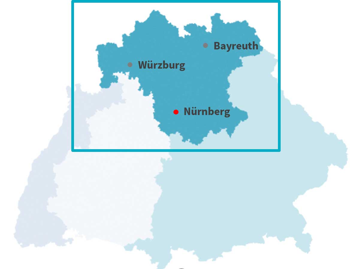 Karte der Axa Gebietsdirektion Nürnberg für offene Vertriebsjobs rund um Nürnberg und Umgebung