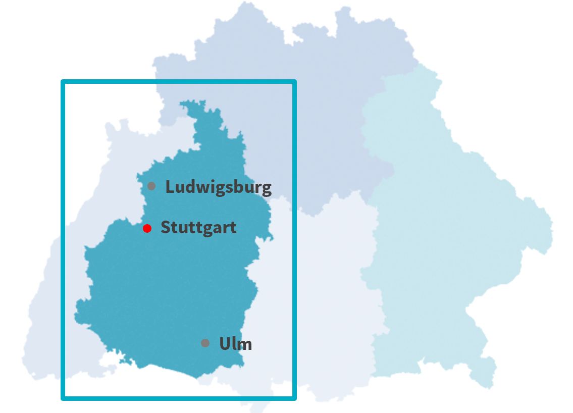 Karte der Axa Gebietsdirektion Stuttgart für offene Vertriebsjobs rund um Stuttgart und Umgebung