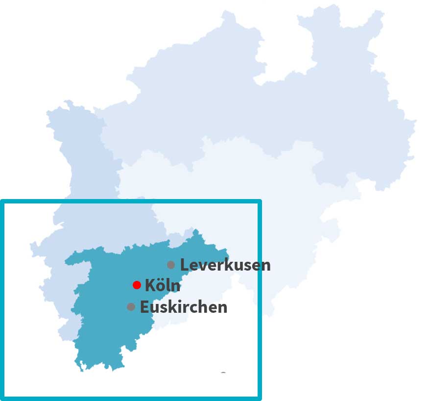 Karte der Axa Gebietsdirektion Köln für offene Vertriebsjobs rund um Köln und Umgebung