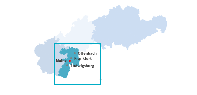 Karte der Axa Gebietsdirektion Rhein-Main für offene Vertriebsjobs rund ums Rhein Main Gebiet und Umgebung