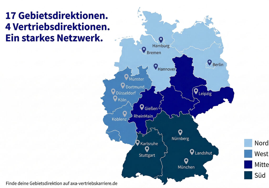 Übersichtskarte der 17 AXA Gebietsdirektionen in den Vertriebsdirektionen Nord, Süd, Mitte und West