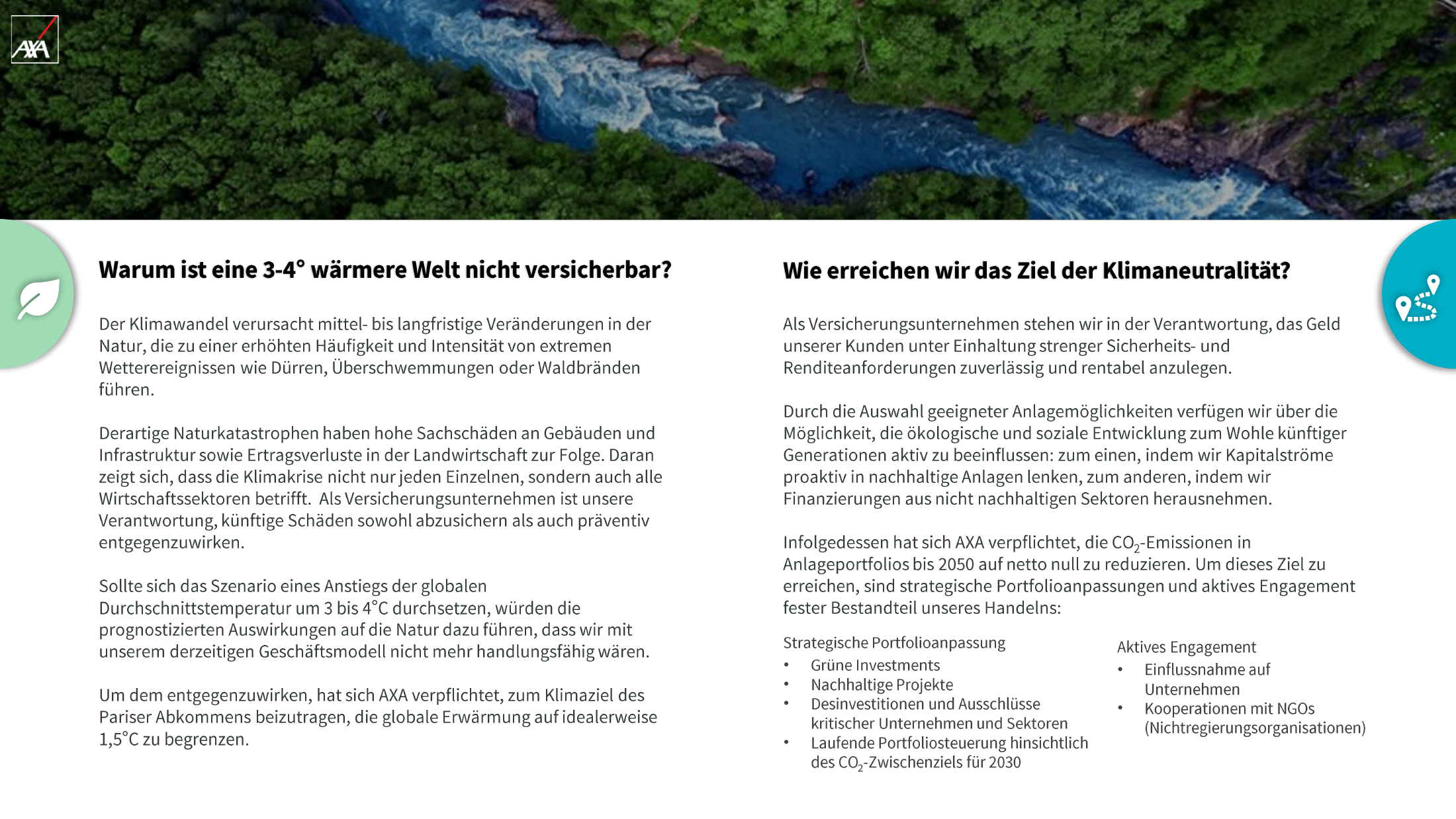 Infografik AXA Klimawandel und Klimaneutralität: Warum eine 3-4 Grad wärmere Welt nicht versicherbar ist und wie AXA bis 2050 klimaneutral werden will