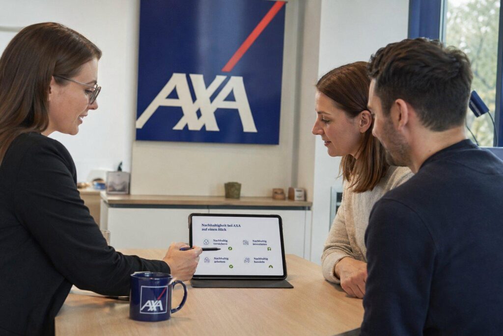 AXA Beraterin zeigt Kundenpaar die vier Handlungsfelder Nachhaltigkeit bei AXA auf einem Tablet im Beratungsgespräch