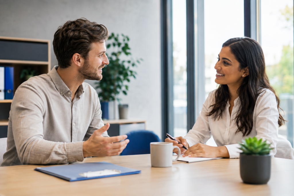 Bewerbungsgespräch im Exklusiv-Vertrieb von AXA zwischen einer Bewerberin und einer Vertriebsrecruiterin im modernen Office-Setting mit Laptop