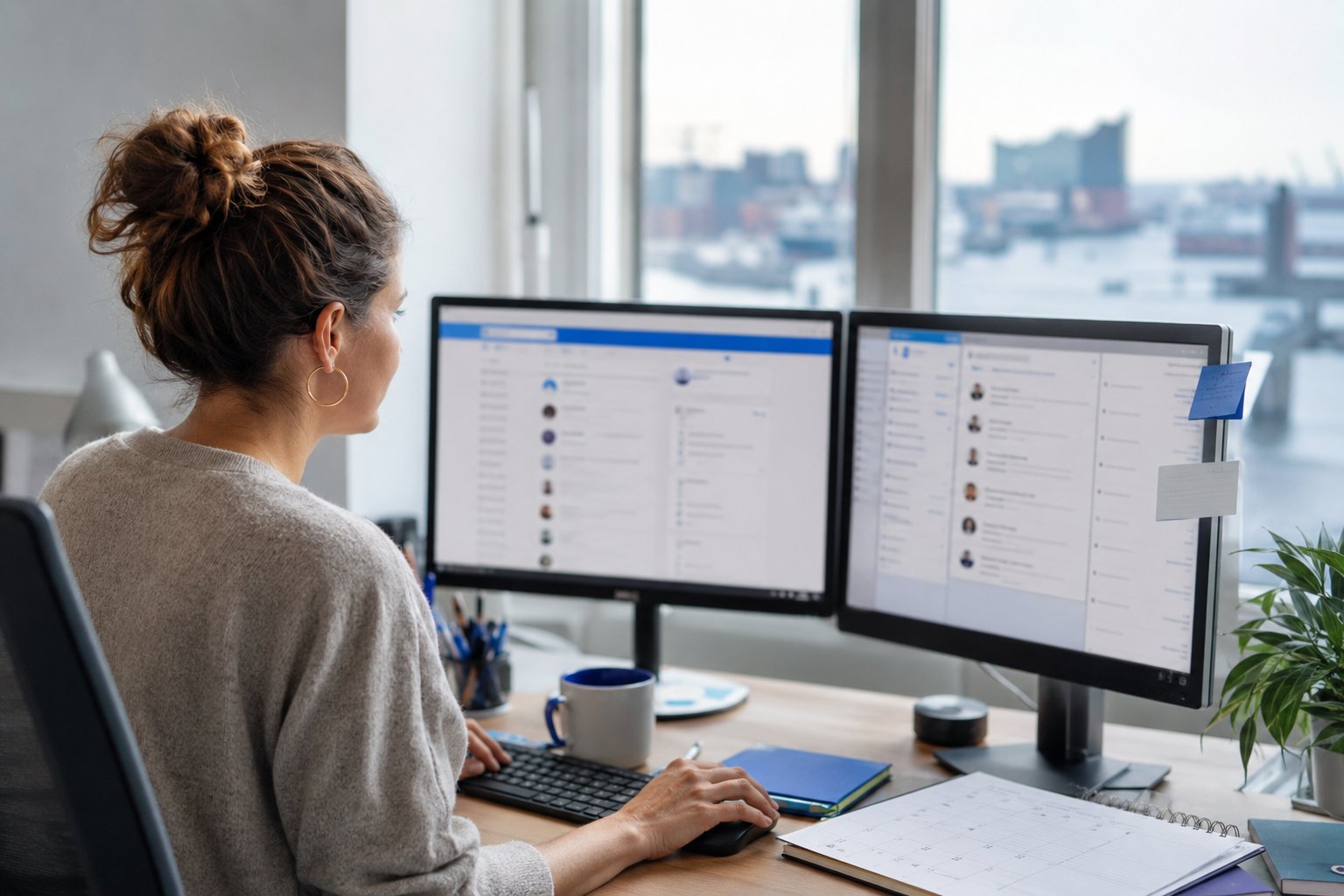 Vertriebsrecruiterin von AXA beim Active Sourcing am Schreibtisch mit zwei Monitoren