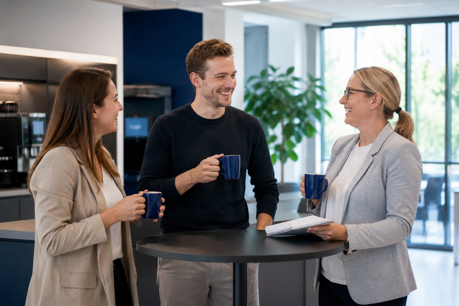 Kolleginnen und Kollegen aus dem Exklusiv-Vertrieb von AXA im lockeren Austausch bei einer Kaffeepause in der Gebietsdirektion