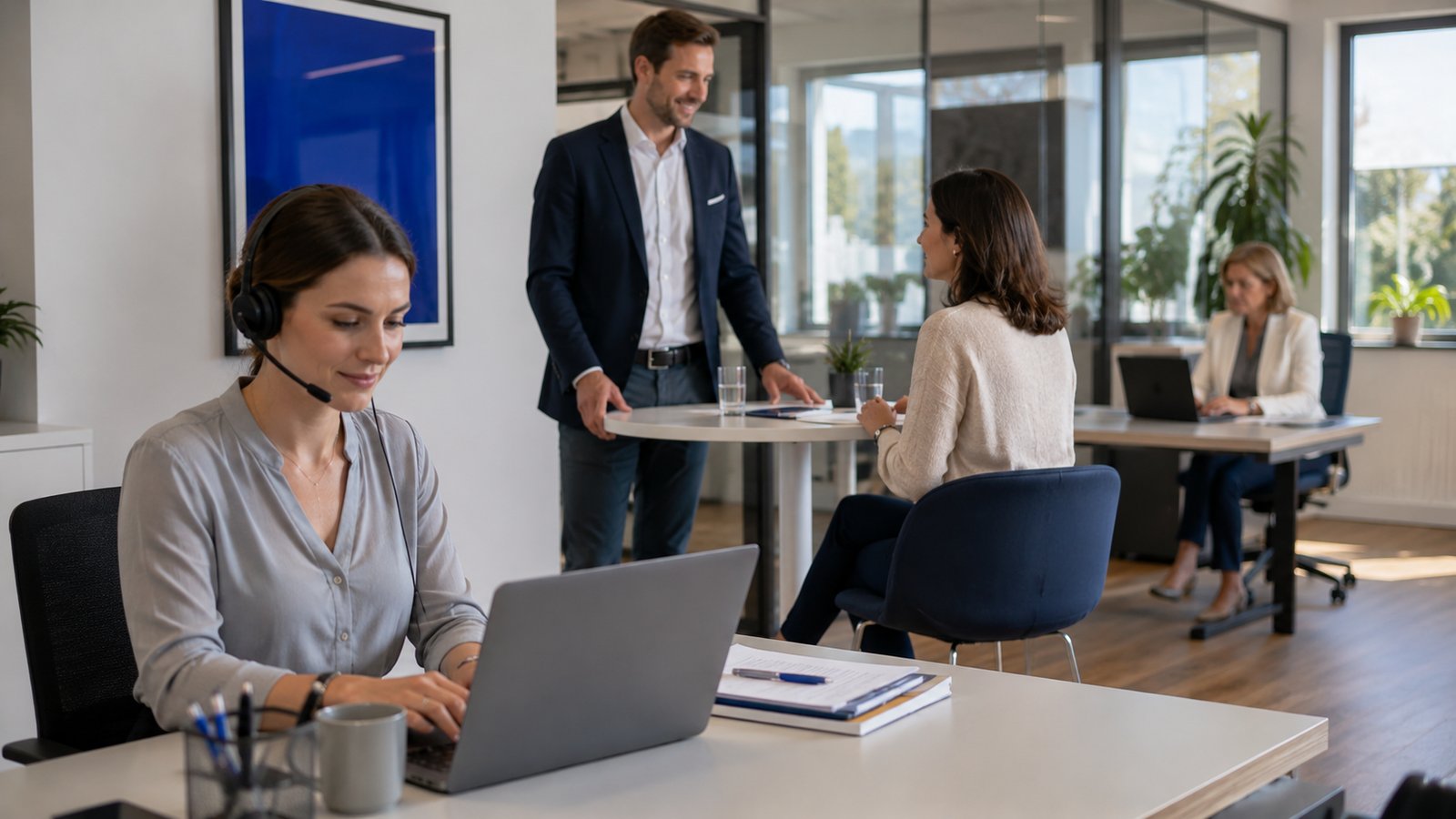 Agenturteam im Exklusiv-Vertrieb von AXA: Vertriebsassistenz, Kundenberatung und Agenturinhaber arbeiten in einer modernen AXA Agentur zusammen