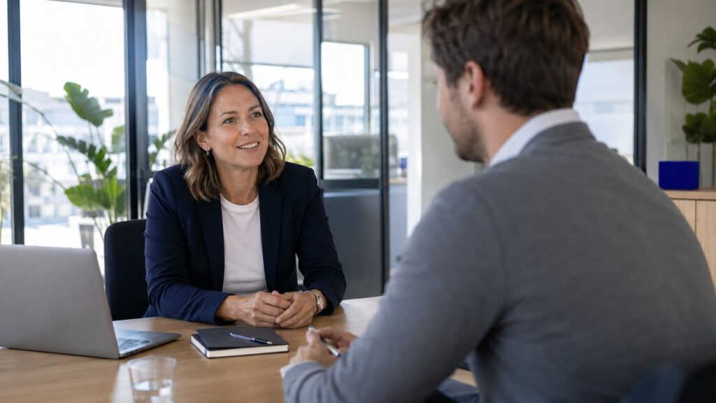 Bewerbungsgespräch im AXA Vertrieb: Bewerber im freundlichen Gespräch mit Vertriebsrecruiterin bei AXA in moderner Agenturumgebung