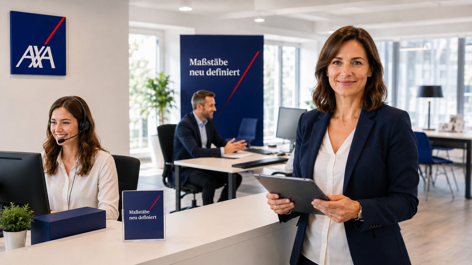 Agenturteam aus Vertriebsassistenz, Kundenberater und Agenturinhaberin bei der Zusammenarbeit in einer AXA Agentur