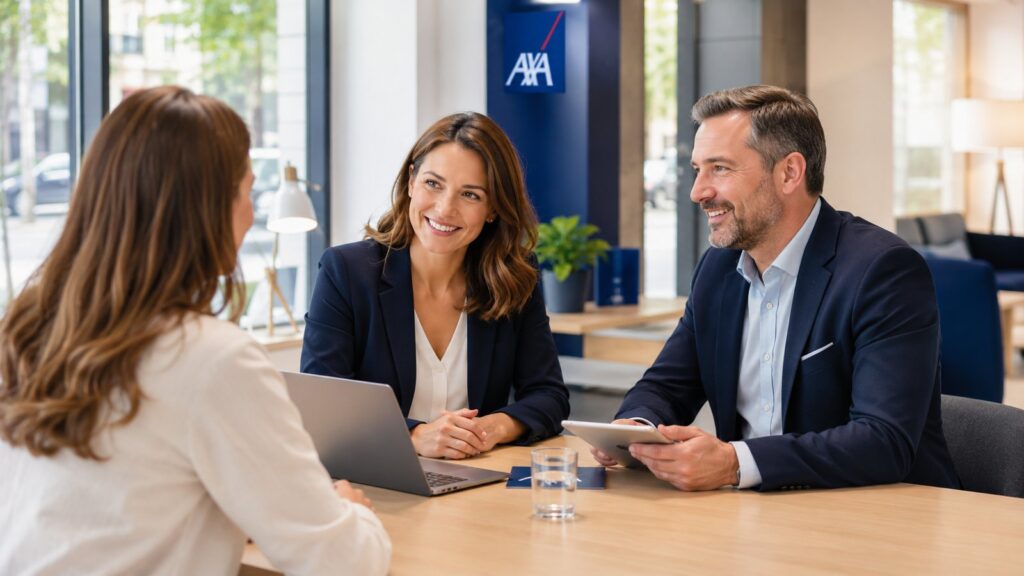 Kundenberaterin und Kundenberater im Beratungsgespräch in einer modernen AXA Agentur